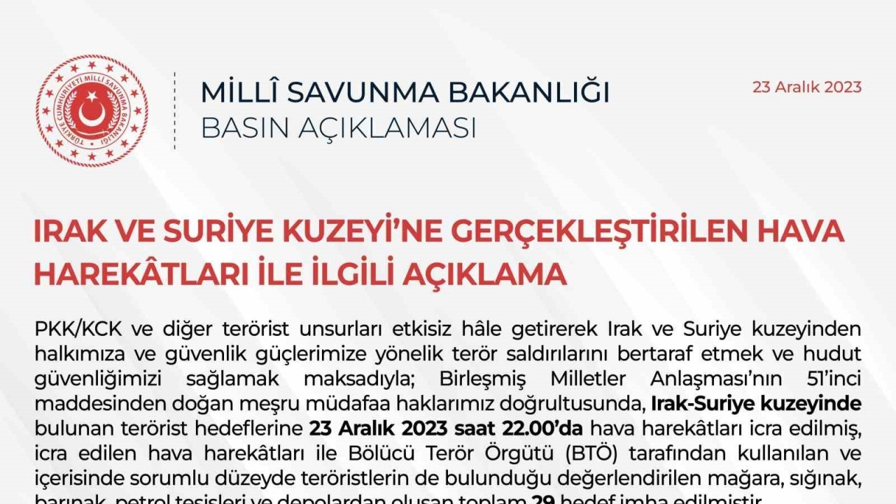 Bölücü Terör Örgütünün 29 Hedefi İmha Edildi