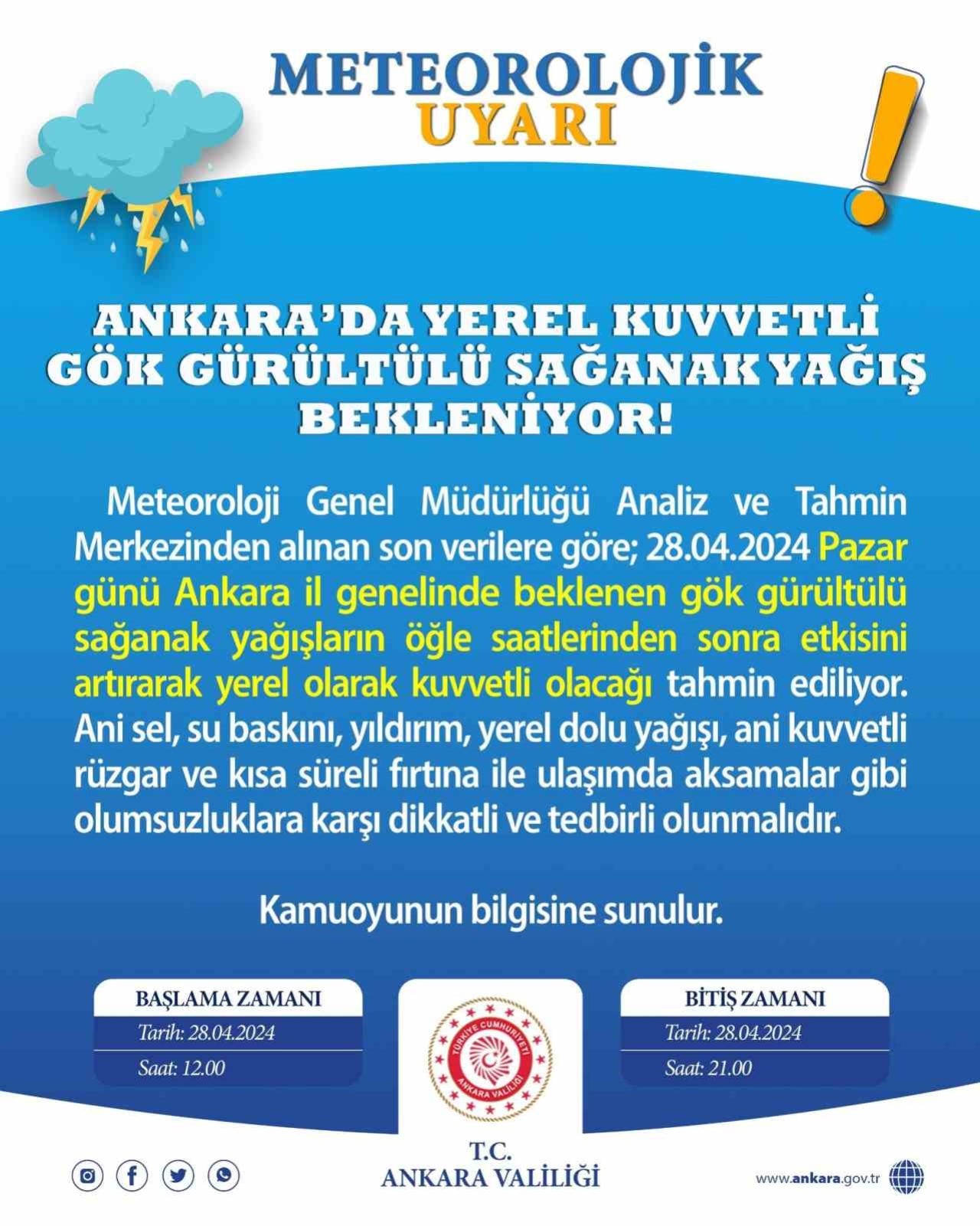 Dikkat! Ankara'da Kuvvetli Gök Gürültülü Sağanak Yağış Uyarısı!